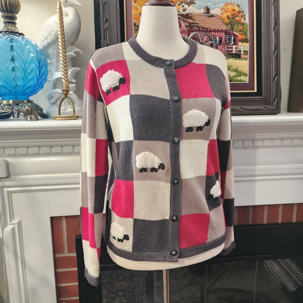 Checkered Counting Sheep Cardigan, Red and Gray